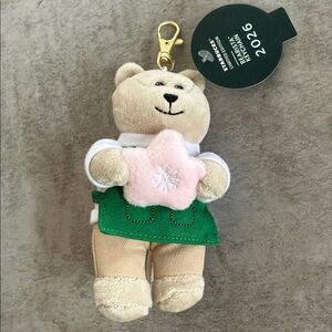 Starbucks Bearista Plush Keychain - Green Apron with Pink Star